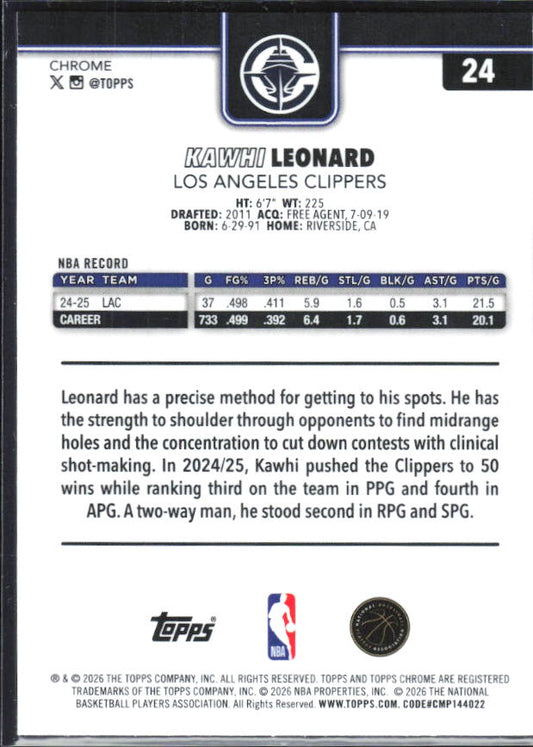 2025-26 Topps Chrome Update #24 Kawhi Leonard X-Fractor - baksida