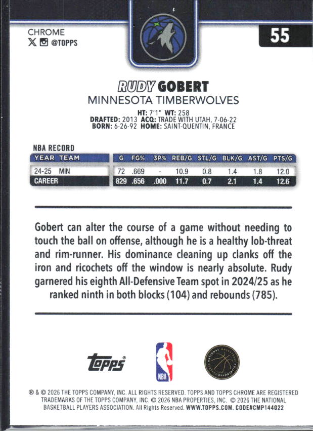 2025-26 Topps Chrome Update #55 Rudy Gobert X-Fractor - baksida