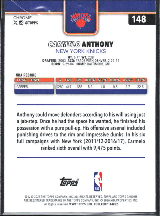 2025-26 Topps Chrome Update #148 Carmelo Anthony RayWave Refractor - baksida
