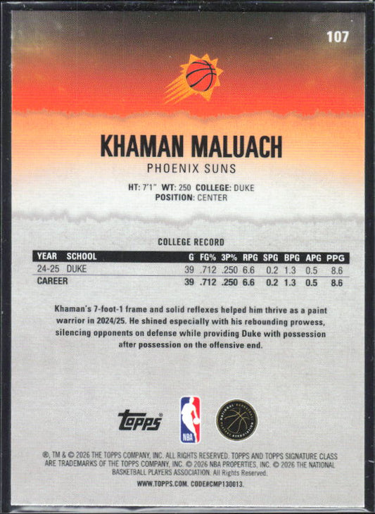 2025-26 Topps Signature Class #107 Khaman Maluach Chrome Pandora Refractor - baksida