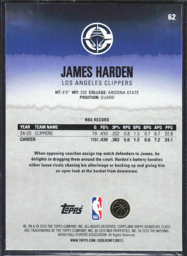 2025-26 Topps Signature Class #62 James Harden Chrome Pandora Refractor - baksida