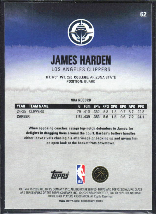 2025-26 Topps Signature Class #62 James Harden Chrome Pandora Refractor - baksida