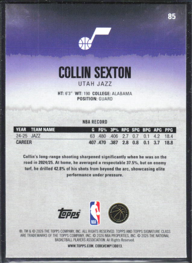 2025-26 Topps Signature Class #85 Collin Sexton Chrome Pandora Refractor - baksida