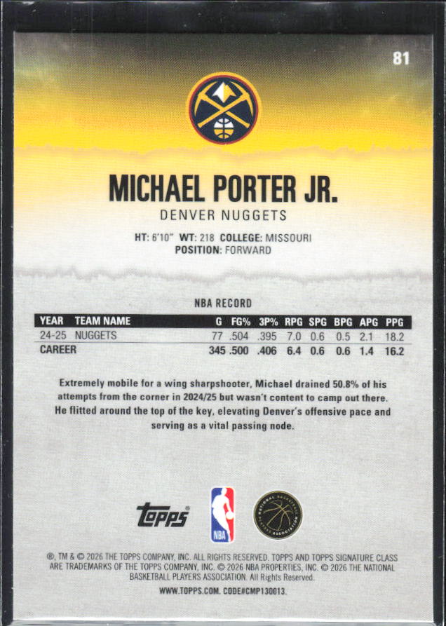 2025-26 Topps Signature Class #81 Michael Porter Jr. Chrome Pandora Refractor - baksida