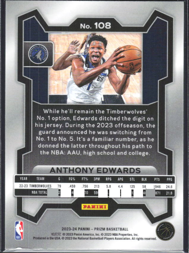 2023-24 Panini Prizm #108 Anthony Edwards - baksida