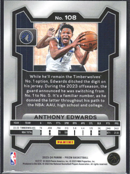 2023-24 Panini Prizm #108 Anthony Edwards - baksida