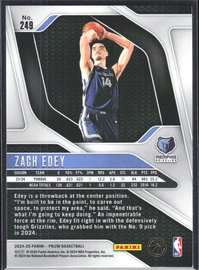 2024-25 Panini Prizm #249 Zach Edey - baksida