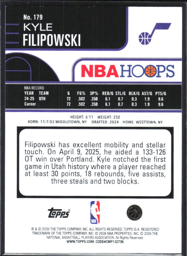 2025-26 Hoops #179 Kyle Filipowski - baksida