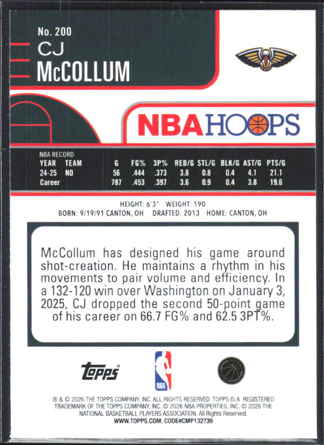 2025-26 Hoops #200 CJ McCollum - baksida