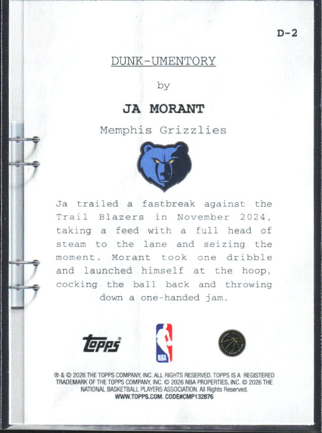 2025-26 Hoops #D-2 Ja Morant Dunk-umentory - baksida