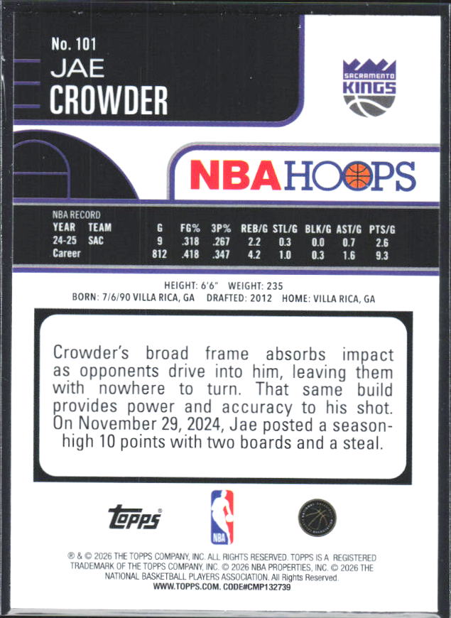 2025-26 Hoops #101 Jae Crowder - baksida