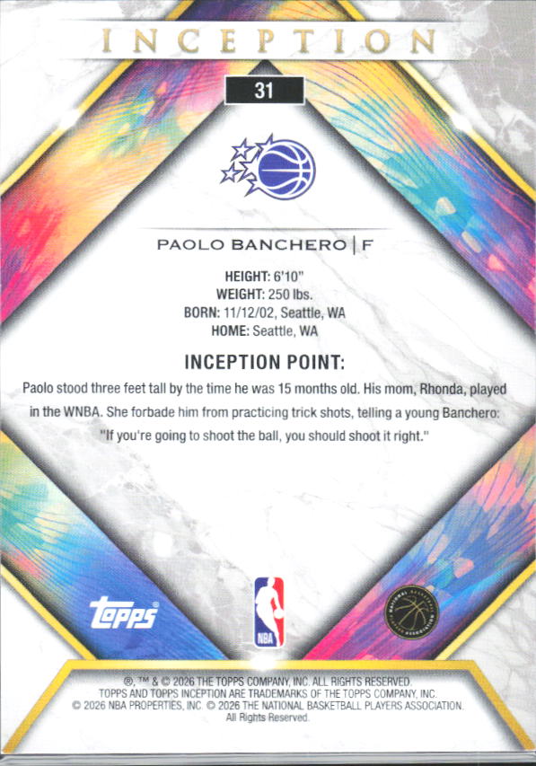 2025-26 Topps Inception #31 Paolo Banchero - baksida