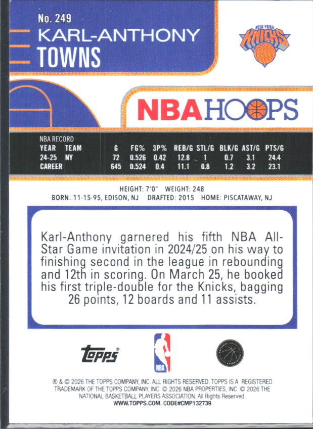 2025-26 Hoops #249 Karl-Anthony Towns - baksida