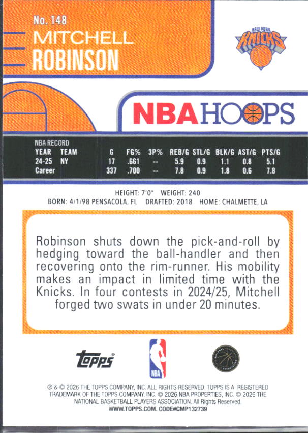 2025-26 Hoops #148 Mitchell Robinson - baksida