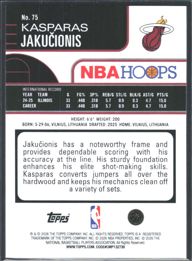 2025-26 Hoops #75 Kasparas Jakučionis - baksida