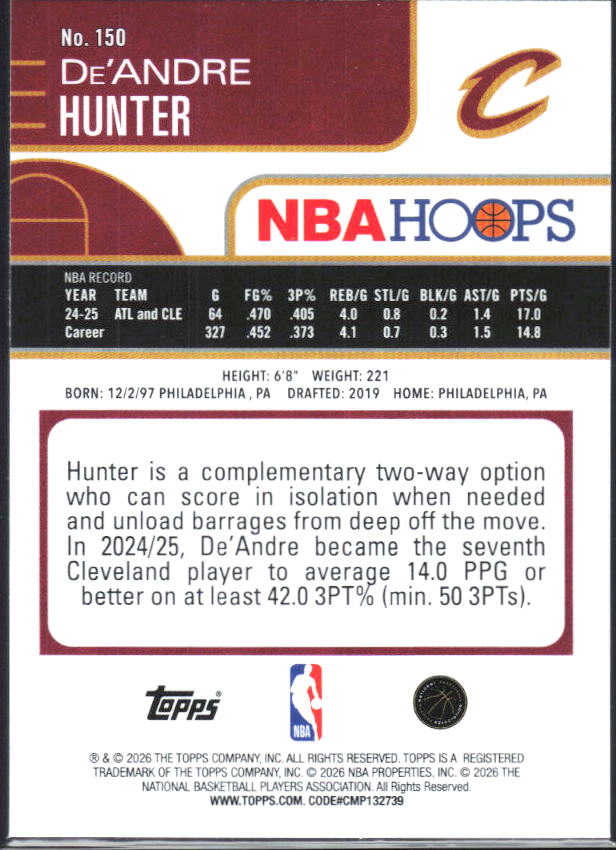 2025-26 Hoops #150 De'Andre Hunter - baksida