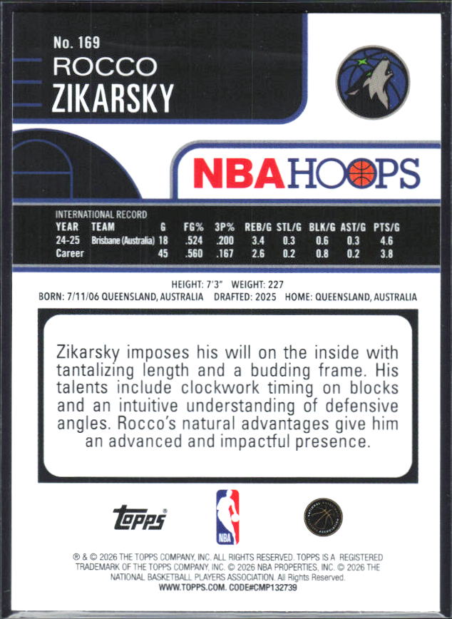2025-26 Hoops #169 Rocco Zikarsky Rainbow - baksida