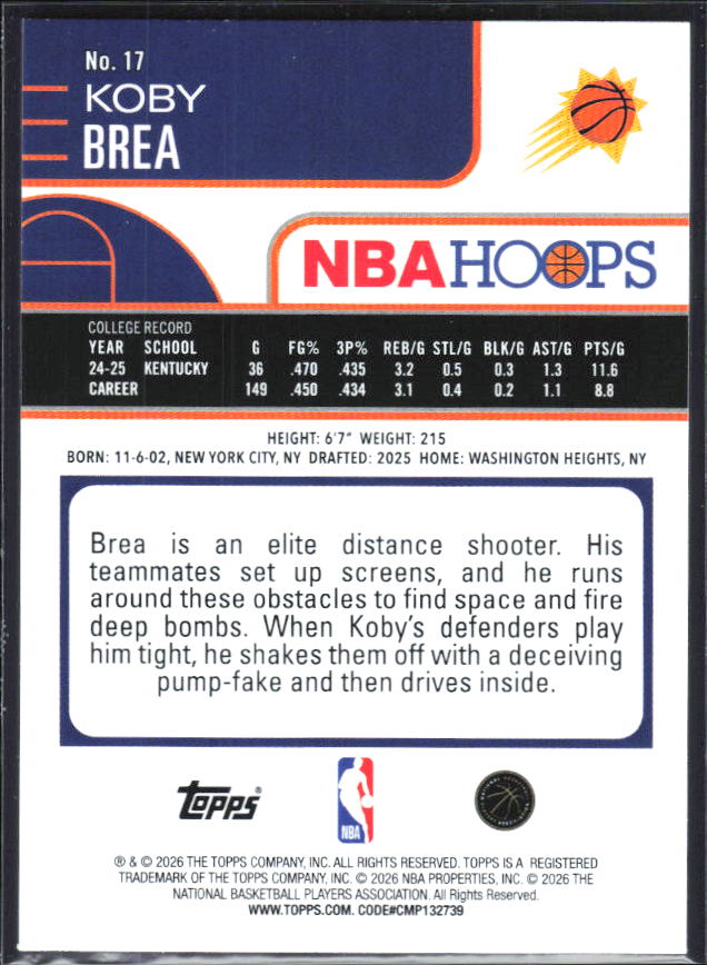 2025-26 Hoops #17 Koby Brea - baksida