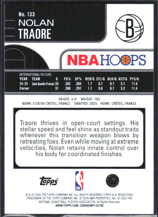2025-26 Hoops #133 Nolan Traore - baksida