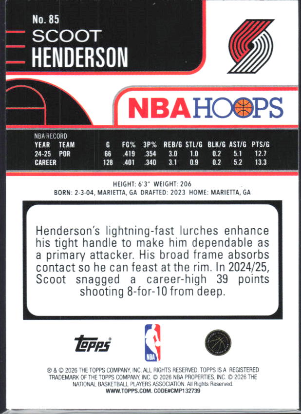 2025-26 Hoops #85 Scoot Henderson - baksida