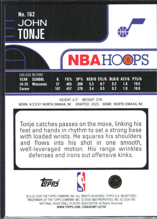 2025-26 Hoops #162 John Tonje - baksida