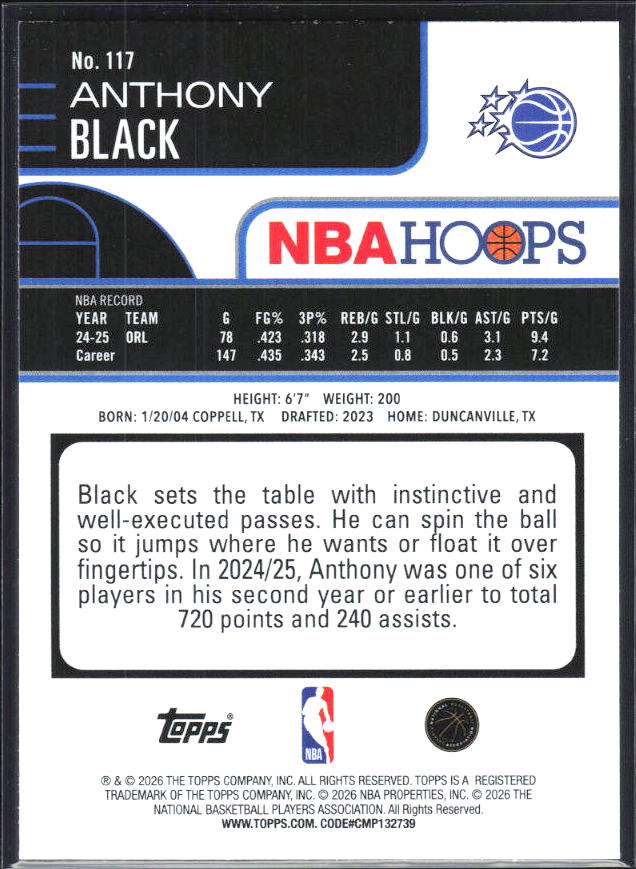 2025-26 Hoops #117 Anthony Black - baksida
