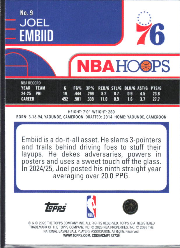 2025-26 Hoops #9 Joel Embiid Light Burst - baksida