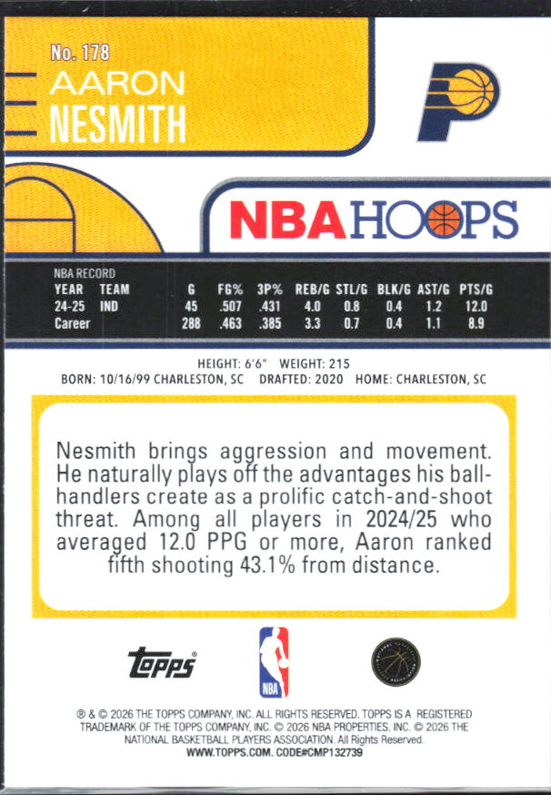2025-26 Hoops #178 Aaron Nesmith - baksida