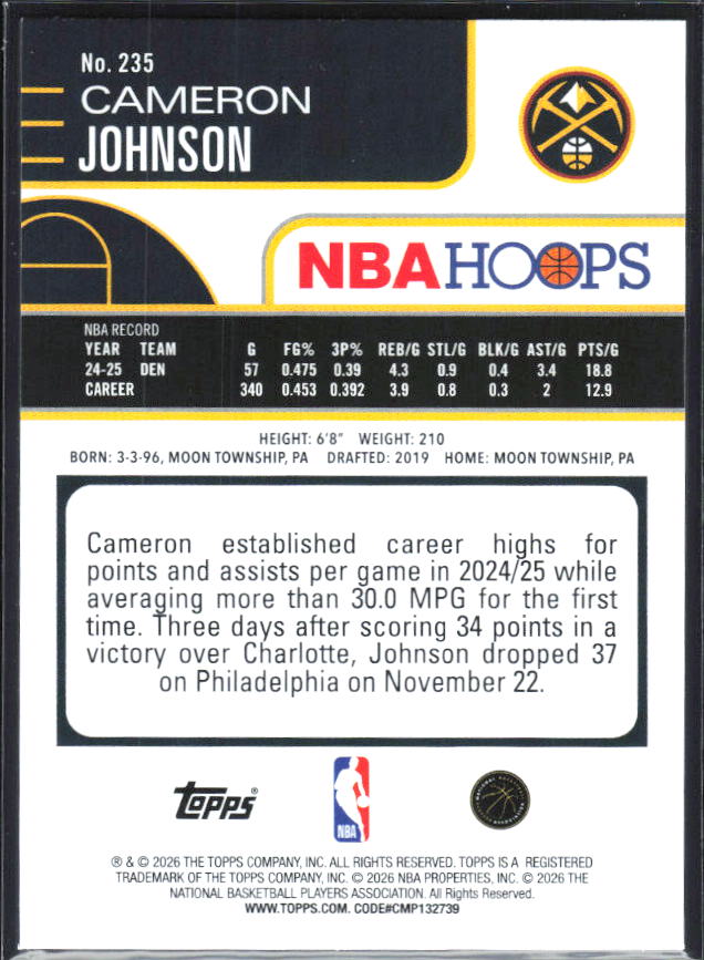 2025-26 Hoops #235 Cameron Johnson - baksida