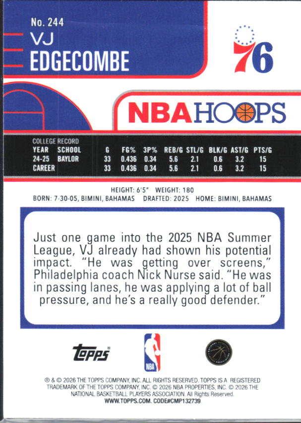 2025-26 Hoops #244 VJ Edgecombe - baksida