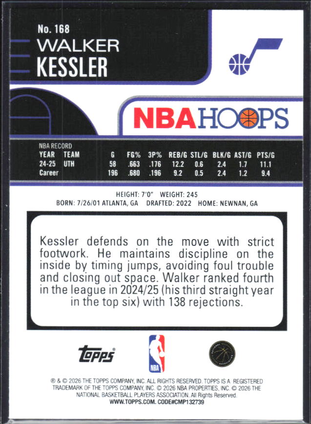 2025-26 Hoops #168 Walker Kessler - baksida