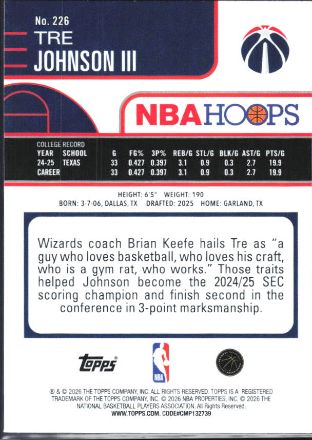 2025-26 Hoops #226 Tre Johnson III - baksida