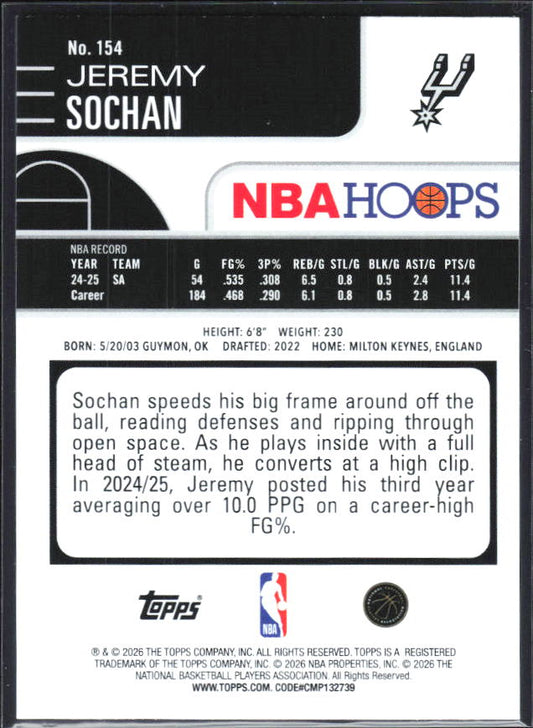 2025-26 Hoops #154 Jeremy Sochan - baksida