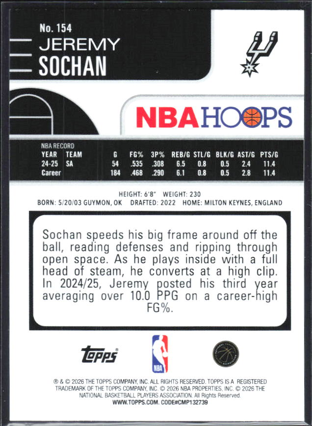 2025-26 Hoops #154 Jeremy Sochan - baksida