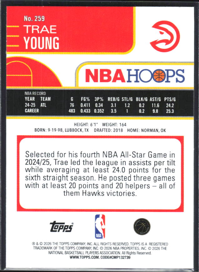 2025-26 Hoops #259 Trae Young - baksida