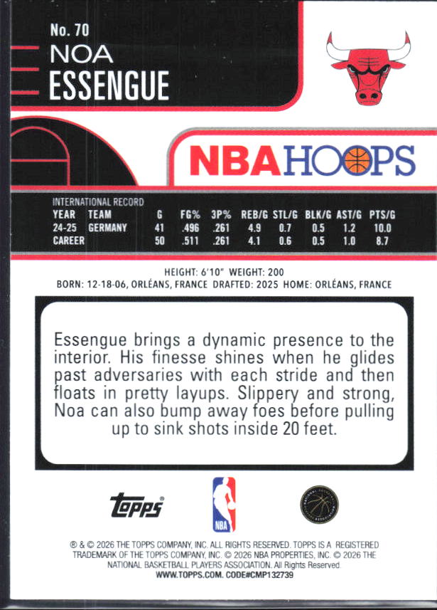 2025-26 Hoops #70 Noa Essengue - baksida