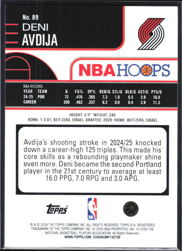 2025-26 Hoops #89 Deni Avdija - baksida