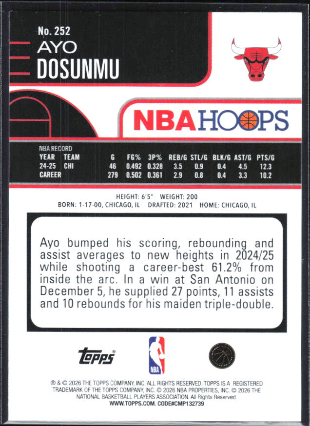 2025-26 Hoops #252 Ayo Dosunmu - baksida