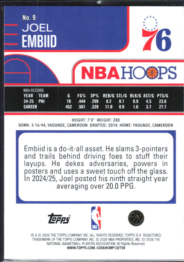 2025-26 Hoops #9 Joel Embiid - baksida