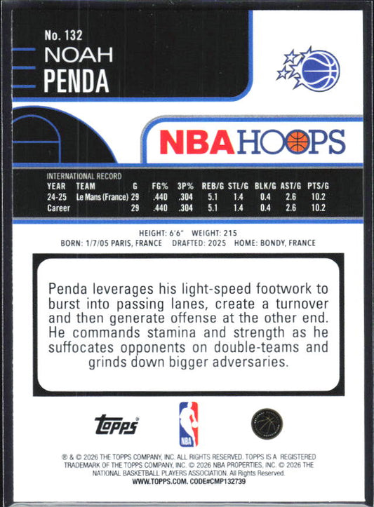 2025-26 Hoops #132 Noah Penda - baksida