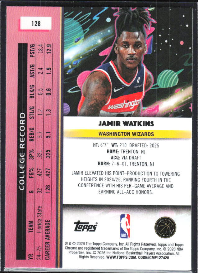 2025-26 Topps Chrome Cosmic #128 Jamir Watkins - baksida