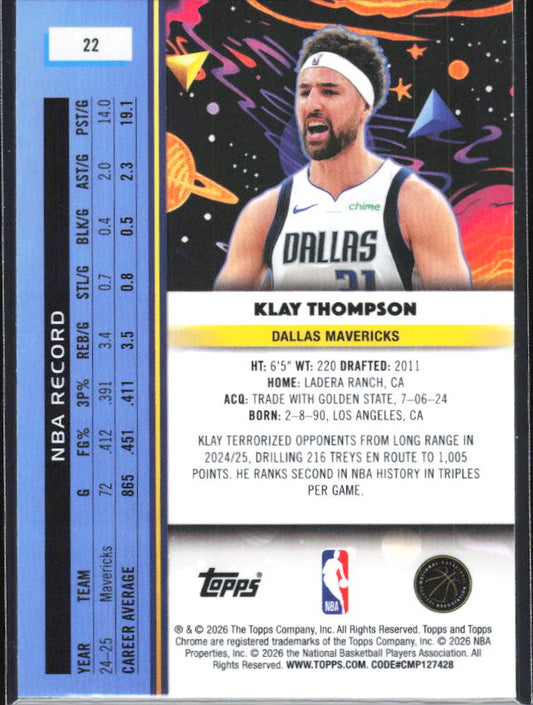 2025-26 Topps Chrome Cosmic #22 Klay Thompson - baksida