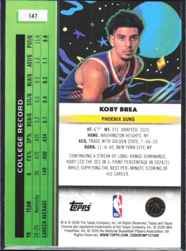 2025-26 Topps Chrome Cosmic #147 Koby Brea - baksida