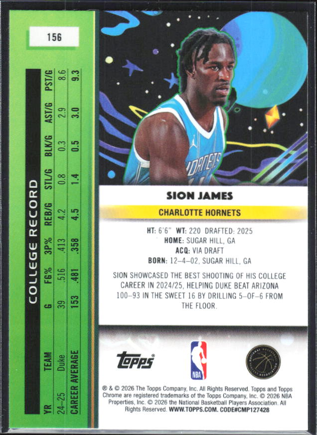 2025-26 Topps Chrome Cosmic #156 Sion James - baksida