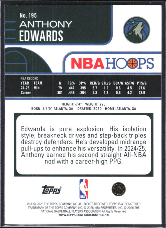 2025-26 Hoops #195 Anthony Edwards - baksida