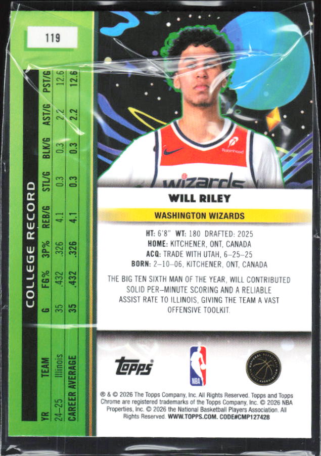 2025-26 Topps Chrome Cosmic #119 Will Riley Nucleus Refractors - baksida
