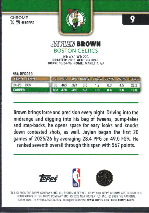 2025-26 Topps Chrome Update #9 Jaylen Brown - baksida