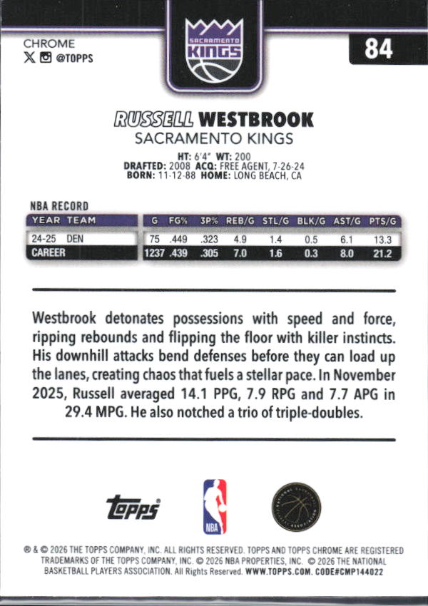 2025-26 Topps Chrome Update #84 Russell Westbrook - baksida