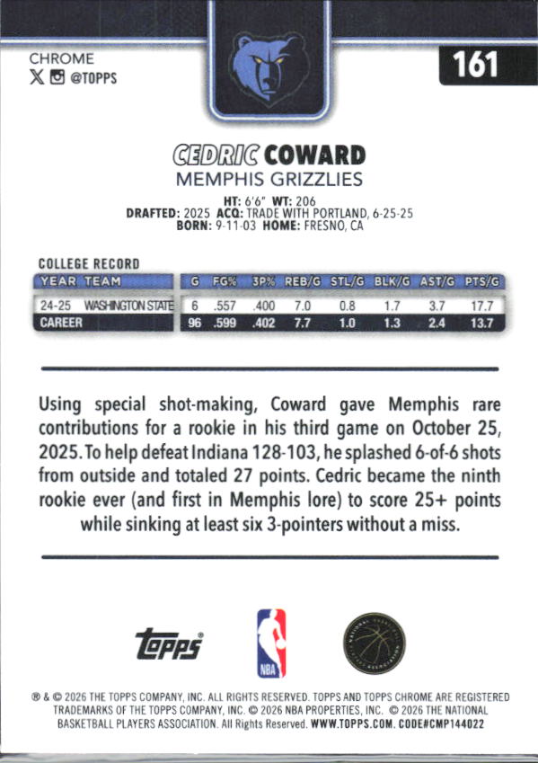 2025-26 Topps Chrome Update #161 Cedric Coward - baksida