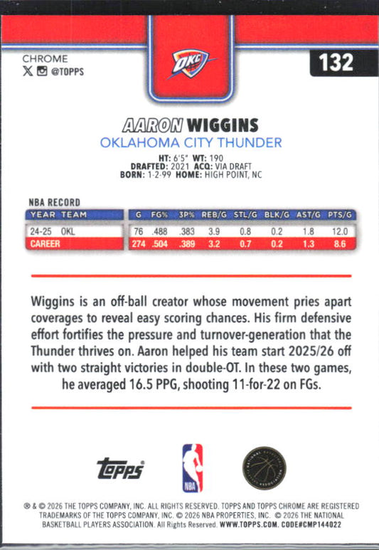2025-26 Topps Chrome Update #132 Aaron Wiggins - baksida
